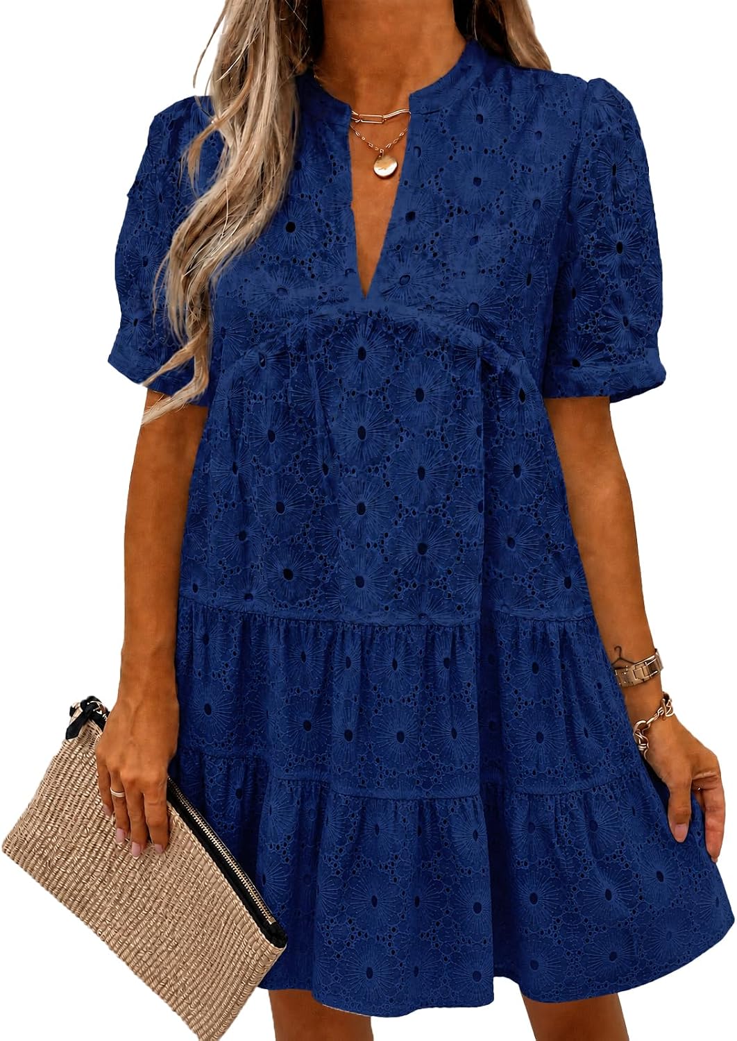 Imily Bela Womens Summer Lace Dresses Eyelet Casual Flowy Babydoll Dress | Swing, Short Sleeve, V Neck, Tunic Dress,Mini,Beach,Vacation,Party,Outdoor,Boho,Loose,Ruffle Hem,Short Puff Sleeve
