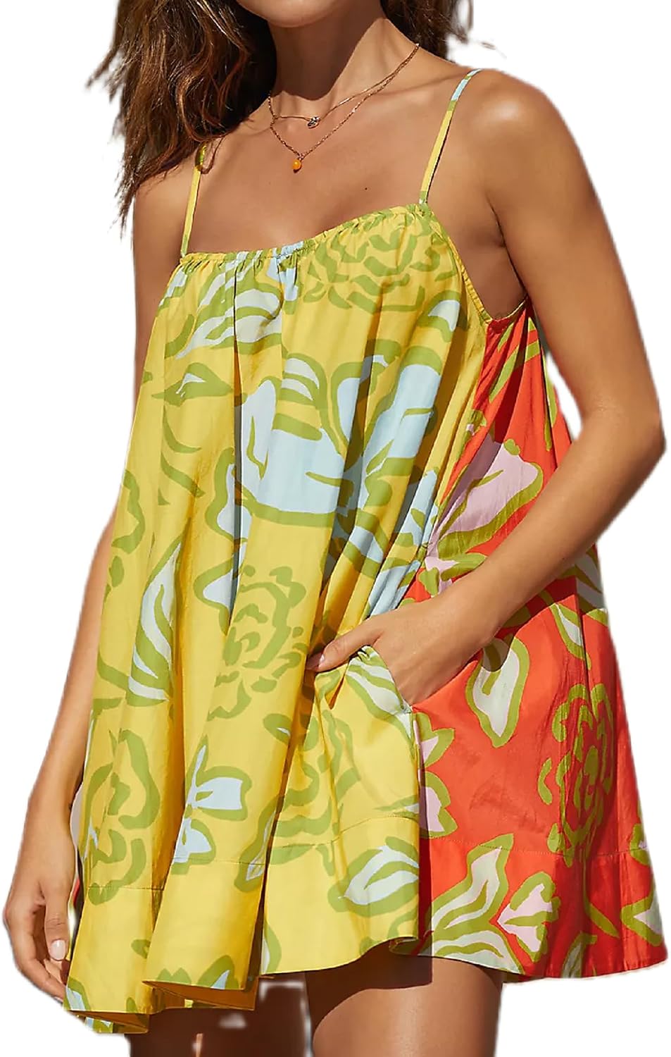 NUFIWI Women Boho Graffiti Cami Mini Dress Spaghetti Strap Printed A Line Short Dress Cute Colorful Sundress