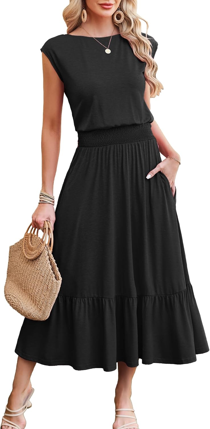 Kikibell Womens Summer Dresses Cap Sleeve Elastic Waist Midi Dress with Pocket Long Causal Sundress Beach Vacation Outfits