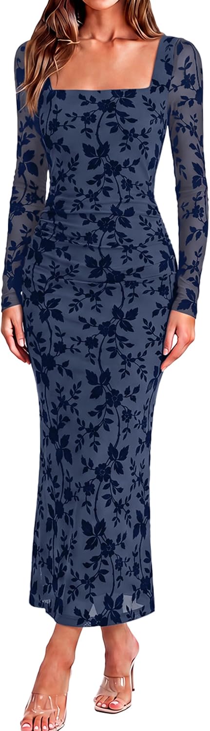 BerryGo Womens Floral Print Mesh Midi Dress Square Neck Long Sleeve Bodycon Ruched Fall Cocktail Party Wedding Guest Dresses