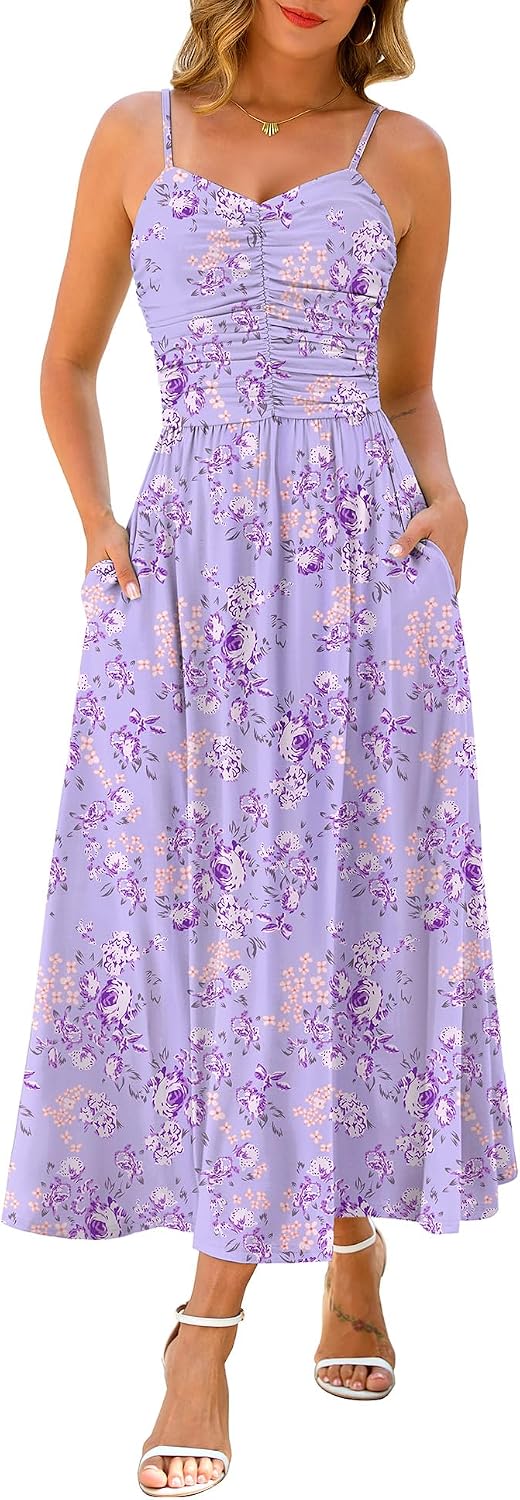 Annebouti Women's Summer Adjustable Spaghetti Strap Ruched Maxi Sun Dress | Dress with Pockets, Lined Bodice, Boho Floral Print, Perfect Summer Dress for Wedding Guest, Beach, Vacation, Resort Wear