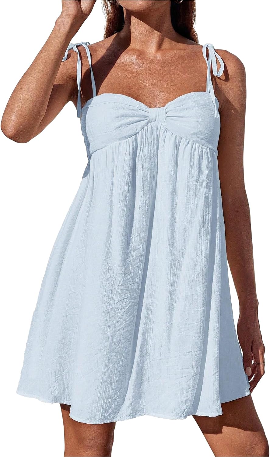 Fhykiss Women's Spaghetti Strap Summer Mini Dresses Flowy Casual Cute Babydoll Dress Knot Tie Shoulder Adjustable Sundress