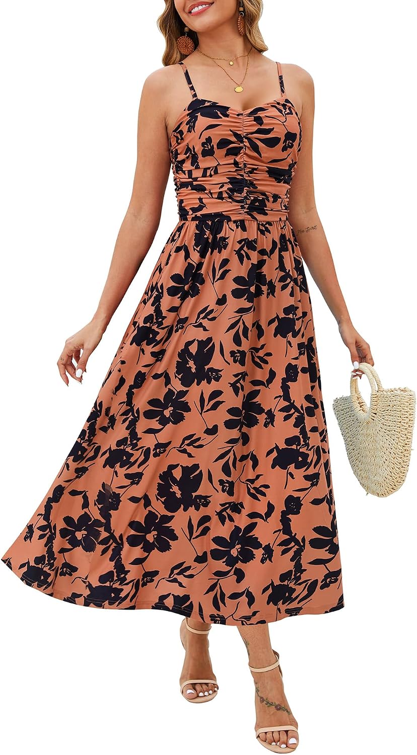 Annebouti Women's Summer Adjustable Spaghetti Strap Ruched Maxi Sun Dress | Dress with Pockets, Lined Bodice, Boho Floral Print, Perfect Summer Dress for Wedding Guest, Beach, Vacation, Resort Wear