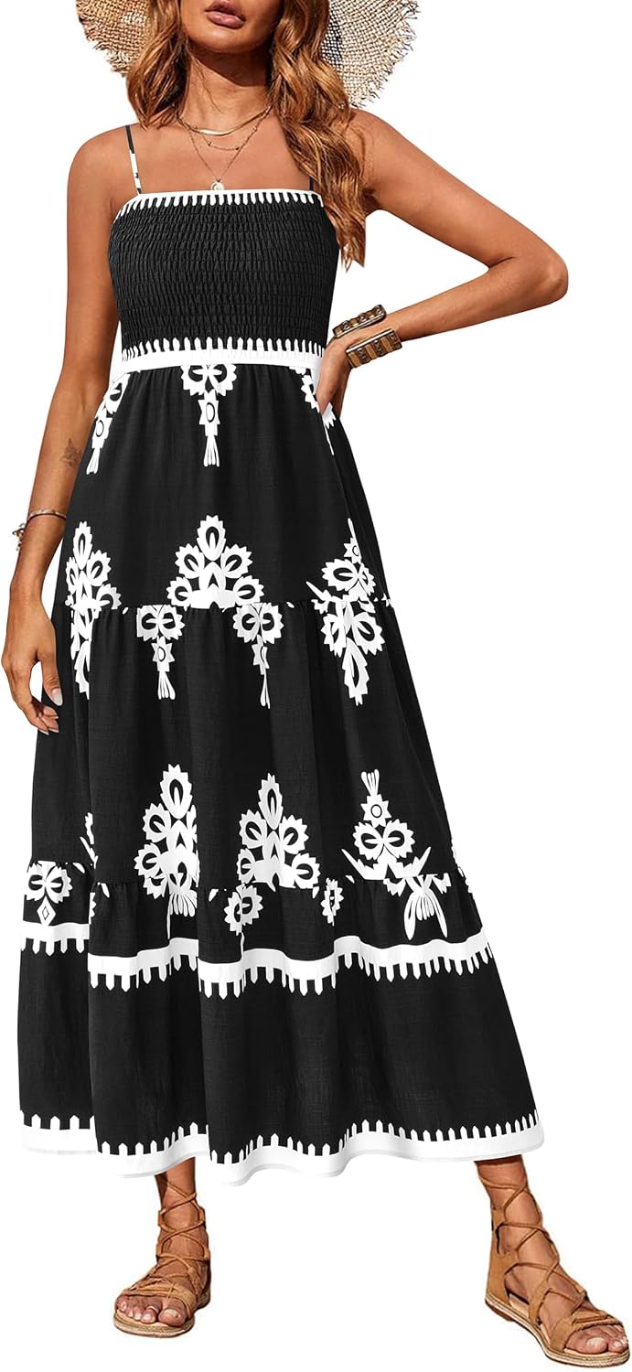 PRETTYGARDEN Women's Summer Maxi Dress 2026 Spaghetti Strap Sundresses | Boho Dress, Sleeveless, Smocked, Flowy Tiered A Line Long Dress, Beach Vacation, Party, Wedding Guest