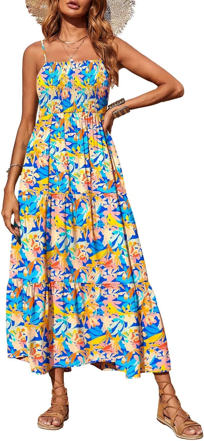 PRETTYGARDEN Women's Summer Maxi Dress 2026 Spaghetti Strap Sundresses | Boho Dress, Sleeveless, Smocked, Flowy Tiered A Line Long Dress, Beach Vacation, Party, Wedding Guest