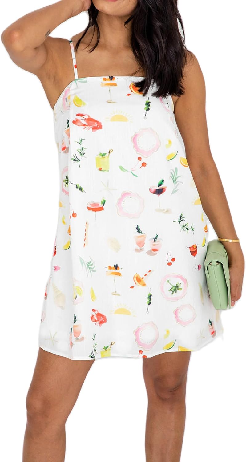 NUFIWI Women Boho Graffiti Cami Mini Dress Spaghetti Strap Printed A Line Short Dress Cute Colorful Sundress
