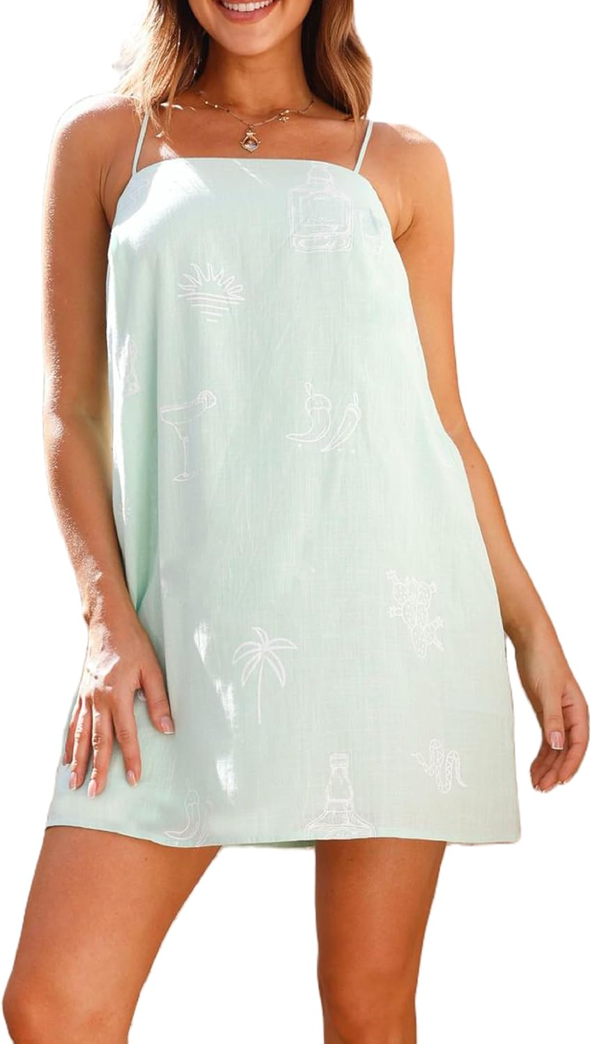 NUFIWI Women Boho Graffiti Cami Mini Dress Spaghetti Strap Printed A Line Short Dress Cute Colorful Sundress
