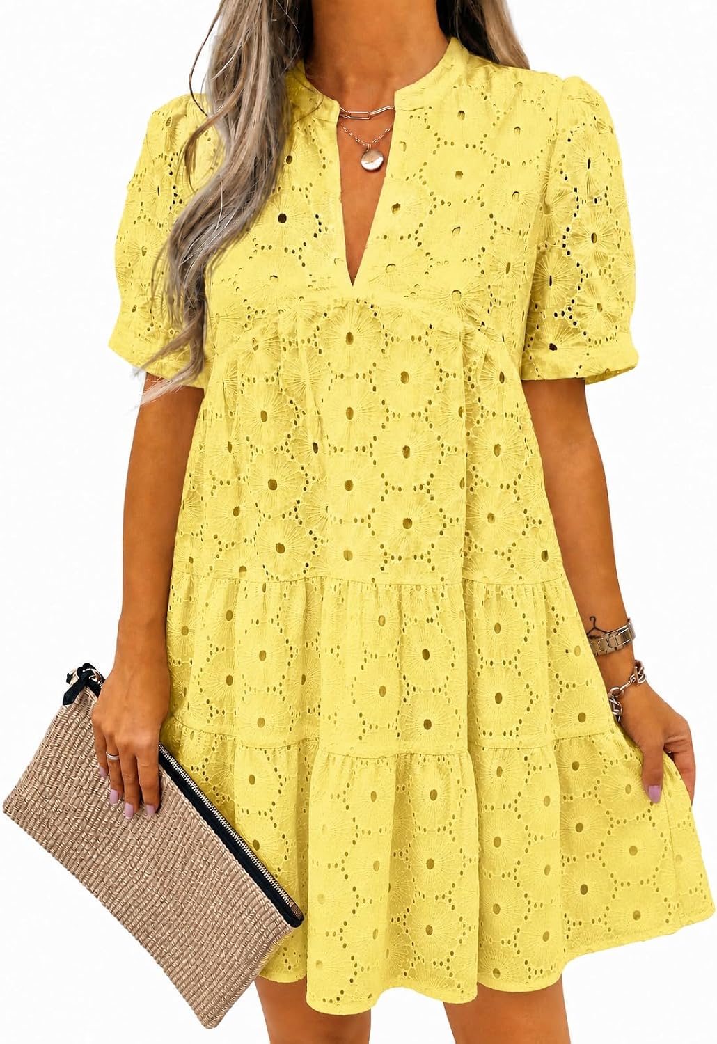 Imily Bela Womens Summer Lace Dresses Eyelet Casual Flowy Babydoll Dress | Swing, Short Sleeve, V Neck, Tunic Dress,Mini,Beach,Vacation,Party,Outdoor,Boho,Loose,Ruffle Hem,Short Puff Sleeve