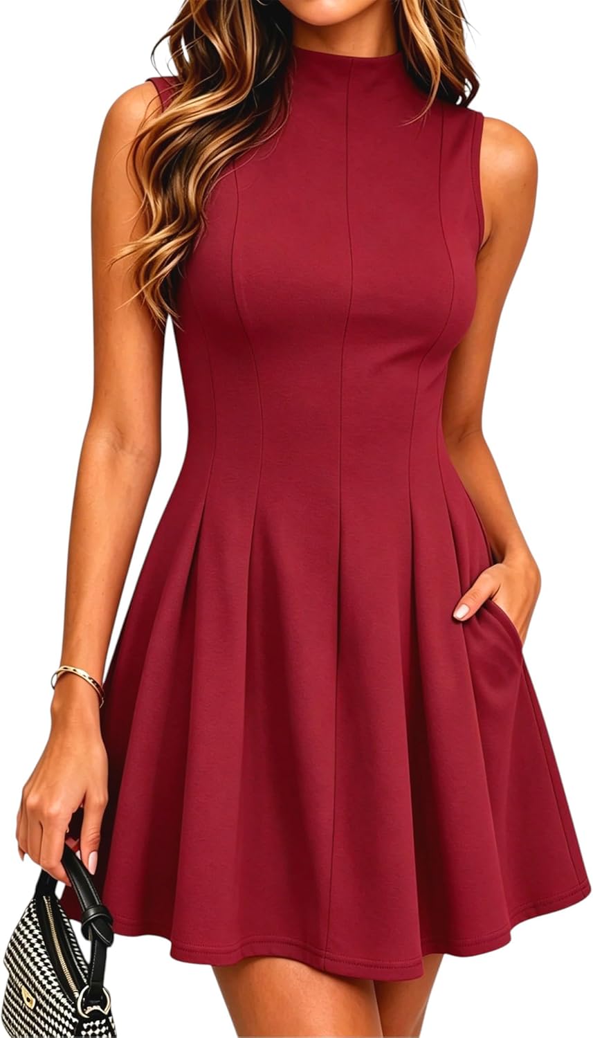 MTGGD Women Sleeveless Graduation Cocktail A Line Short Dress with Pockets | Mock Neck,Fit and Flare,Birthday,Party,Homecoming,Back to School,Club,Date,Business Casual Work Dress,Fashion,Trendy