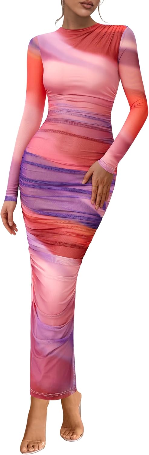 PRETTYGARDEN Long Sleeve Maxi Dresses for Women Wedding Guest Fall Outfits | Ruched Bodycon Dress Long, Floral Mesh, Date Night, Formal Cocktail Party, Homecoming Holiday Dresses