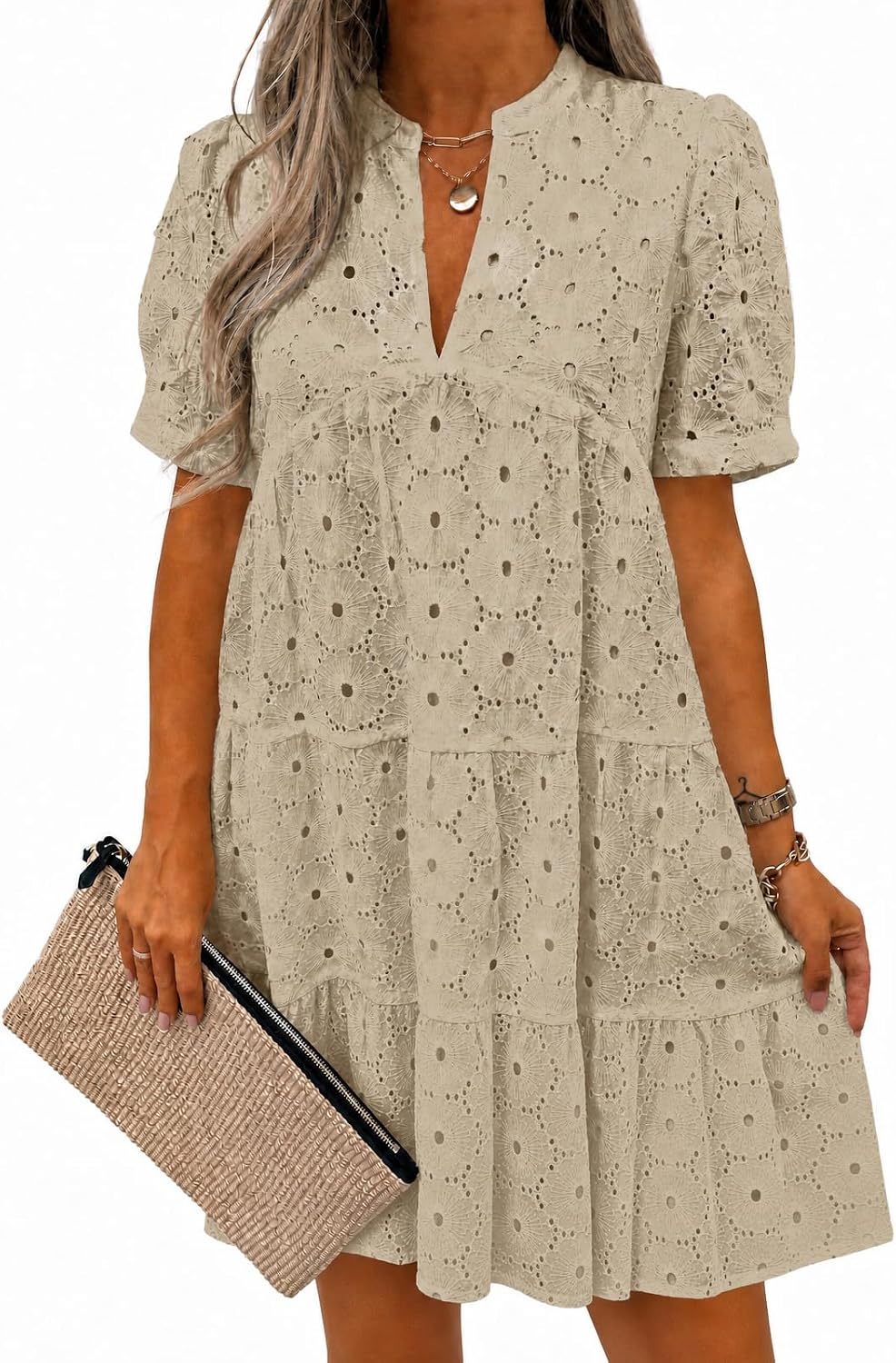 Imily Bela Womens Summer Lace Dresses Eyelet Casual Flowy Babydoll Dress | Swing, Short Sleeve, V Neck, Tunic Dress,Mini,Beach,Vacation,Party,Outdoor,Boho,Loose,Ruffle Hem,Short Puff Sleeve