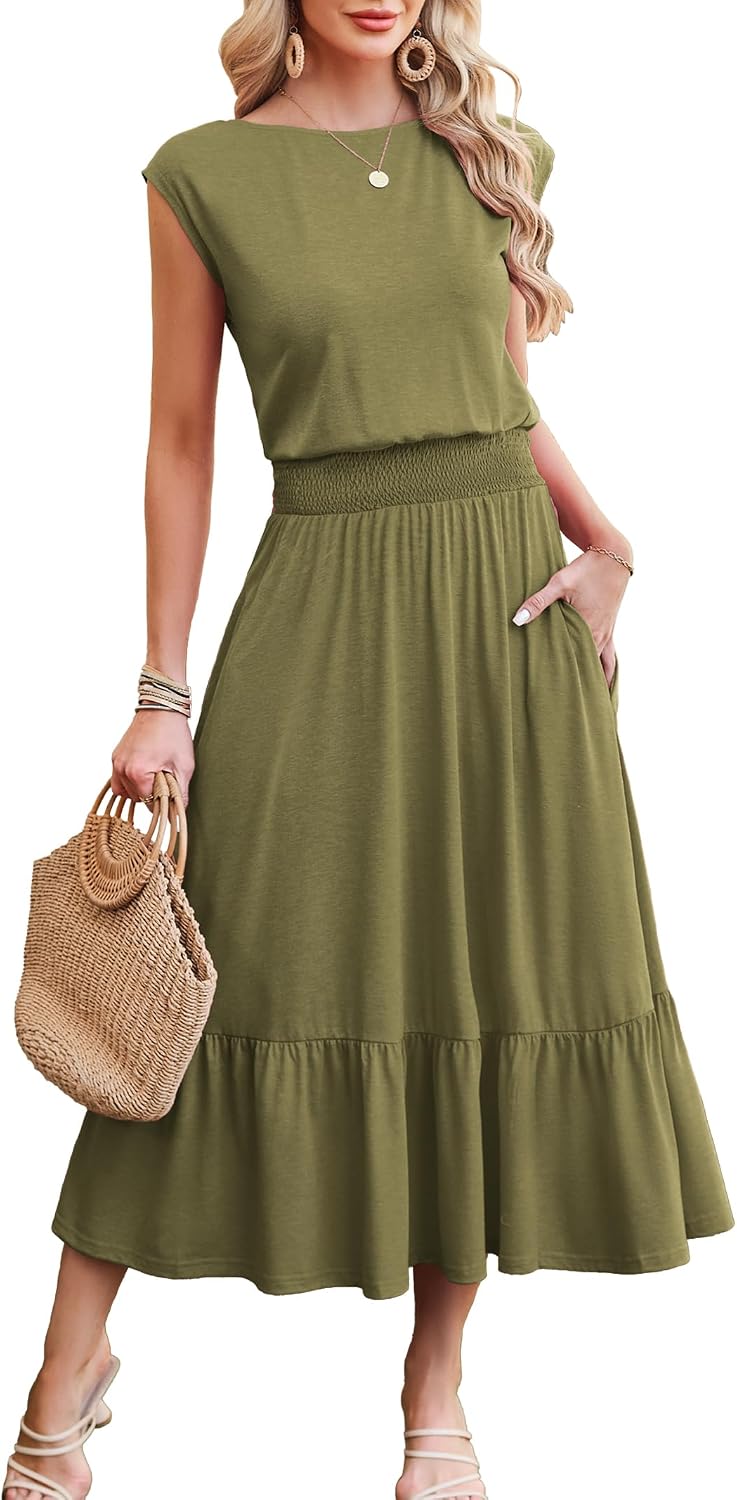 Kikibell Womens Summer Dresses Cap Sleeve Elastic Waist Midi Dress with Pocket Long Causal Sundress Beach Vacation Outfits