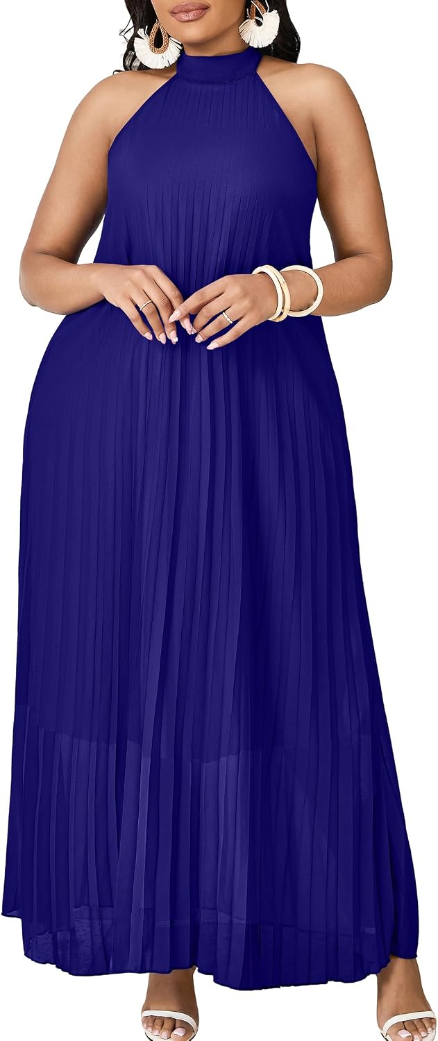 FANDEE Maxi Dress for Women Plus Size Casual Sleeveless Chiffon Halter Neck Pleated Loose Long Dresses