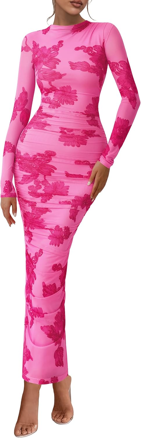 PRETTYGARDEN Long Sleeve Maxi Dresses for Women Wedding Guest Fall Outfits | Ruched Bodycon Dress Long, Floral Mesh, Date Night, Formal Cocktail Party, Homecoming Holiday Dresses