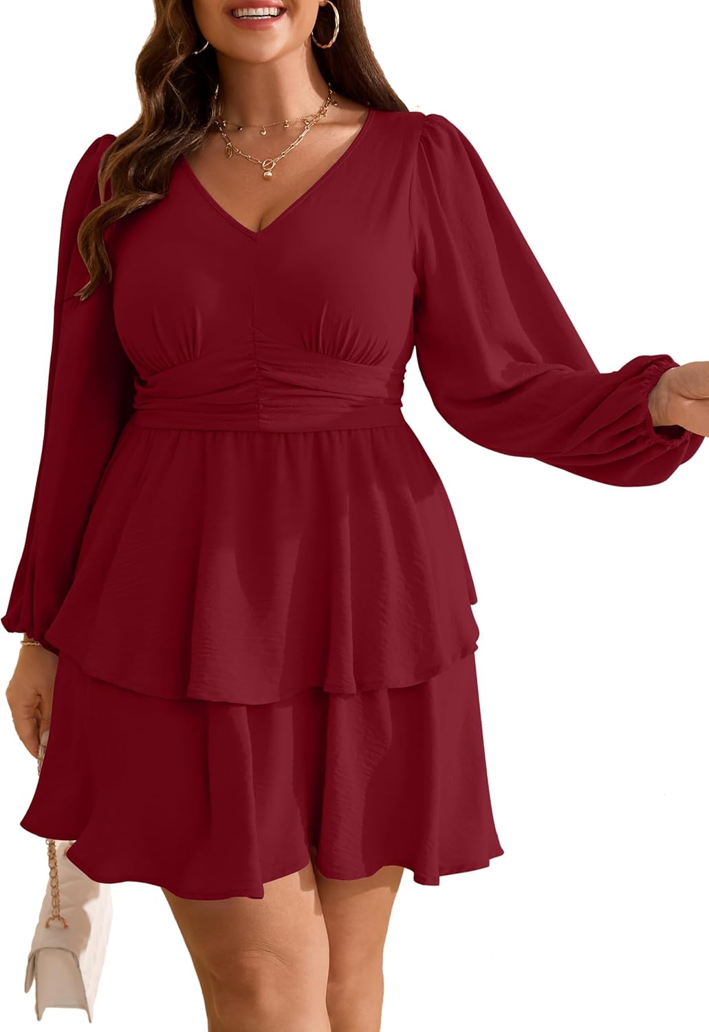 RWJ Plus Size Dresses for Curvy Women V Neck Long Sleeve Layered Mini Dress | Empire Waist, Spring, Fall, Wedding Guest, Cocktail Party, Casual, Vacation, Beach, Holiday, Dating, Semi Formal, Baby Shower