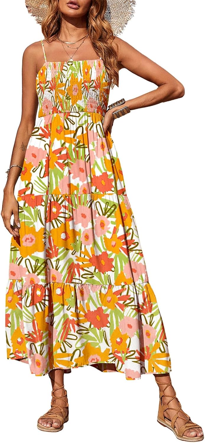 PRETTYGARDEN Women's Summer Maxi Dress 2026 Spaghetti Strap Sundresses | Boho Dress, Sleeveless, Smocked, Flowy Tiered A Line Long Dress, Beach Vacation, Party, Wedding Guest