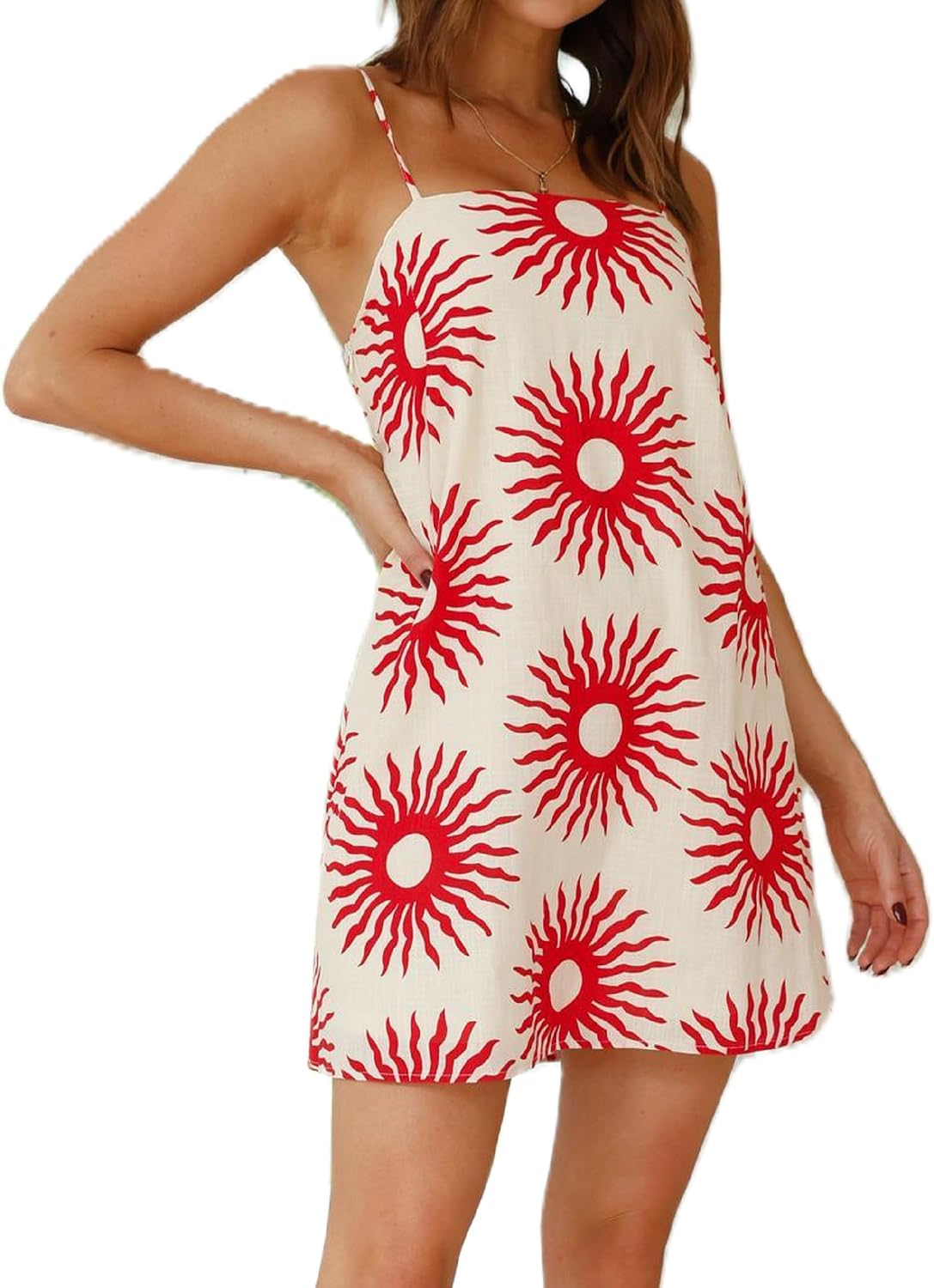 NUFIWI Women Boho Graffiti Cami Mini Dress Spaghetti Strap Printed A Line Short Dress Cute Colorful Sundress