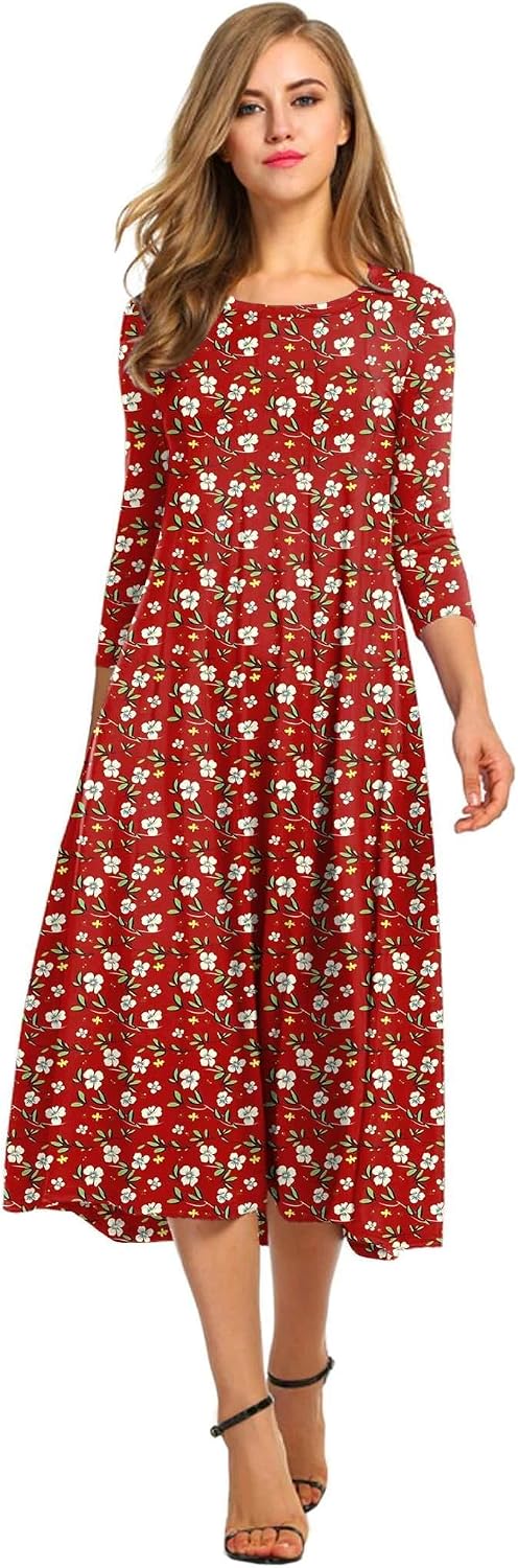 HOTOUCH Women's 3\/4 Sleeve A-line and Flare Midi Long Dress