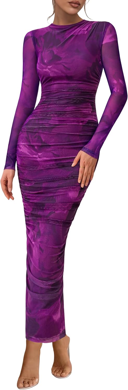 PRETTYGARDEN Long Sleeve Maxi Dresses for Women Wedding Guest Fall Outfits | Ruched Bodycon Dress Long, Floral Mesh, Date Night, Formal Cocktail Party, Homecoming Holiday Dresses