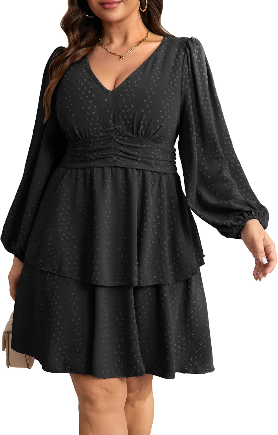 RWJ Plus Size Dresses for Curvy Women V Neck Long Sleeve Layered Mini Dress | Empire Waist, Spring, Fall, Wedding Guest, Cocktail Party, Casual, Vacation, Beach, Holiday, Dating, Semi Formal, Baby Shower