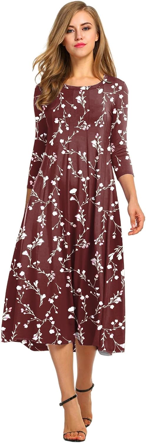 HOTOUCH Women's 3\/4 Sleeve A-line and Flare Midi Long Dress