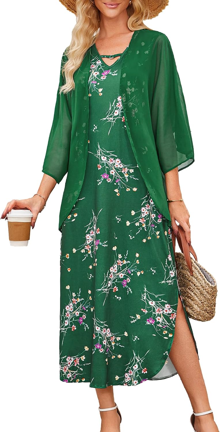 Honwenle Women's 2026 Summer Maxi Dress 2 Piece Loose Split Outfit | Sleeveless,with Cover up,Floral Sundress,V-neck,Casual,Beach Vacations,Wedding Guest