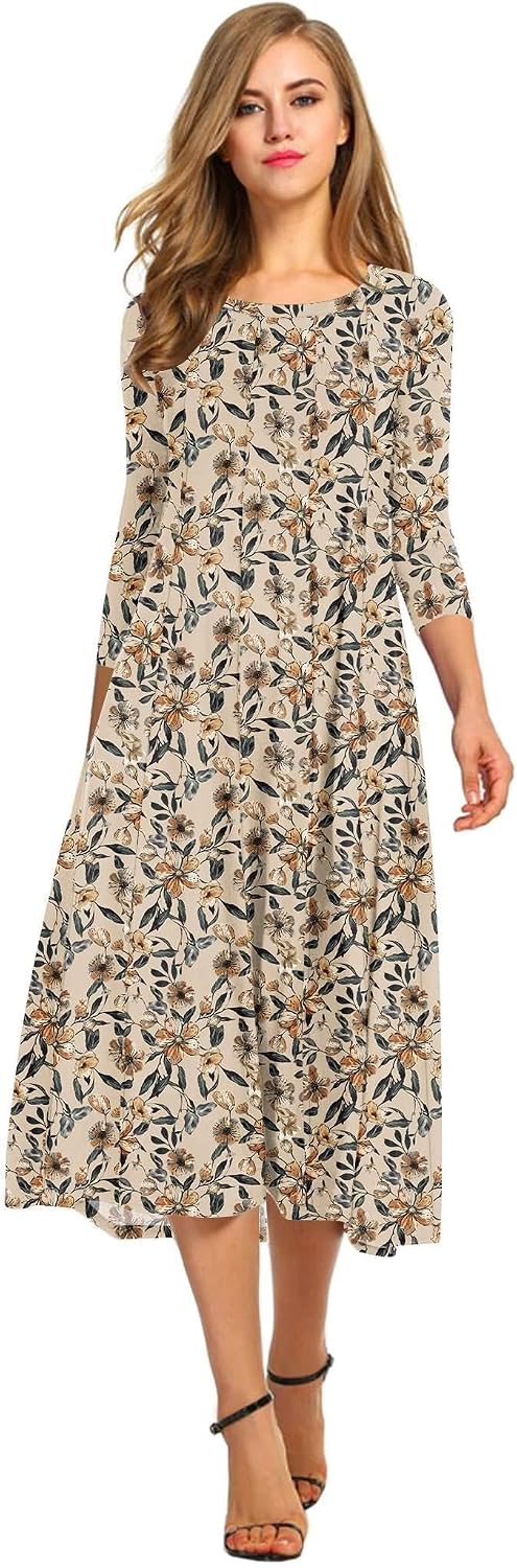 HOTOUCH Women's 3\/4 Sleeve A-line and Flare Midi Long Dress