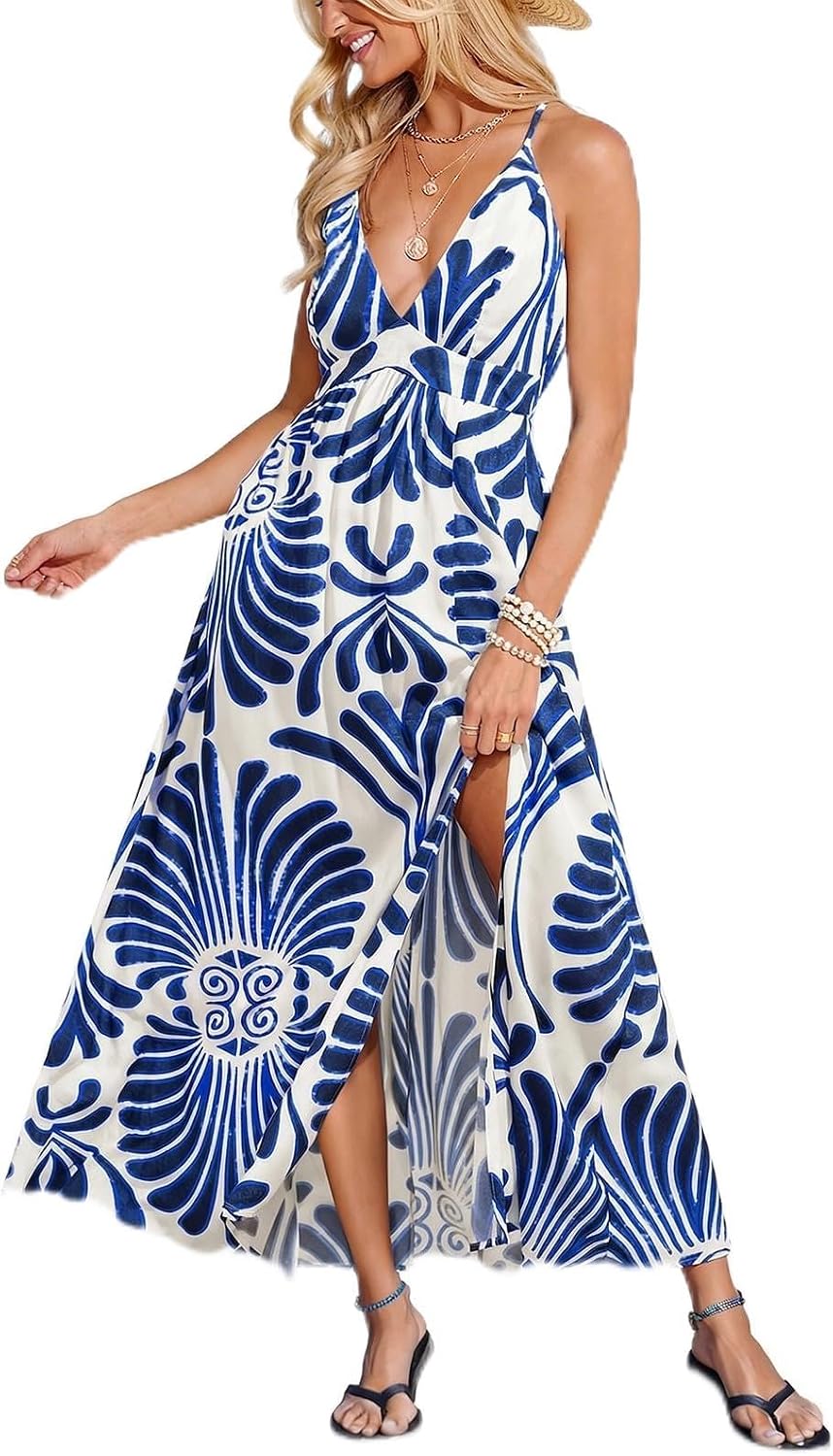 CUPSHE Women's Boho Paisley Tropical Deep V-Neck High Slit Maxi Dress | Adjustable Criss-Cross Straps, Open Back, Empire Waist Flowy A-Line Long Sundress, For Summer Beach Vacation, Resort Wear