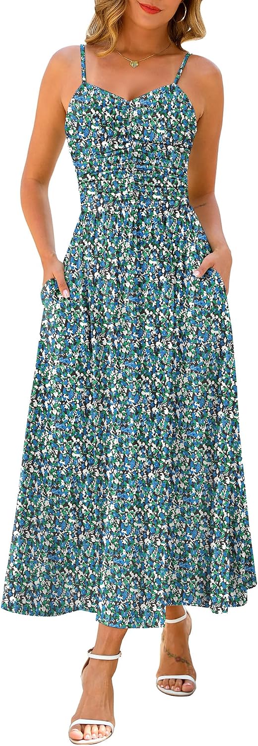 Annebouti Women's Summer Adjustable Spaghetti Strap Ruched Maxi Sun Dress | Dress with Pockets, Lined Bodice, Boho Floral Print, Perfect Summer Dress for Wedding Guest, Beach, Vacation, Resort Wear