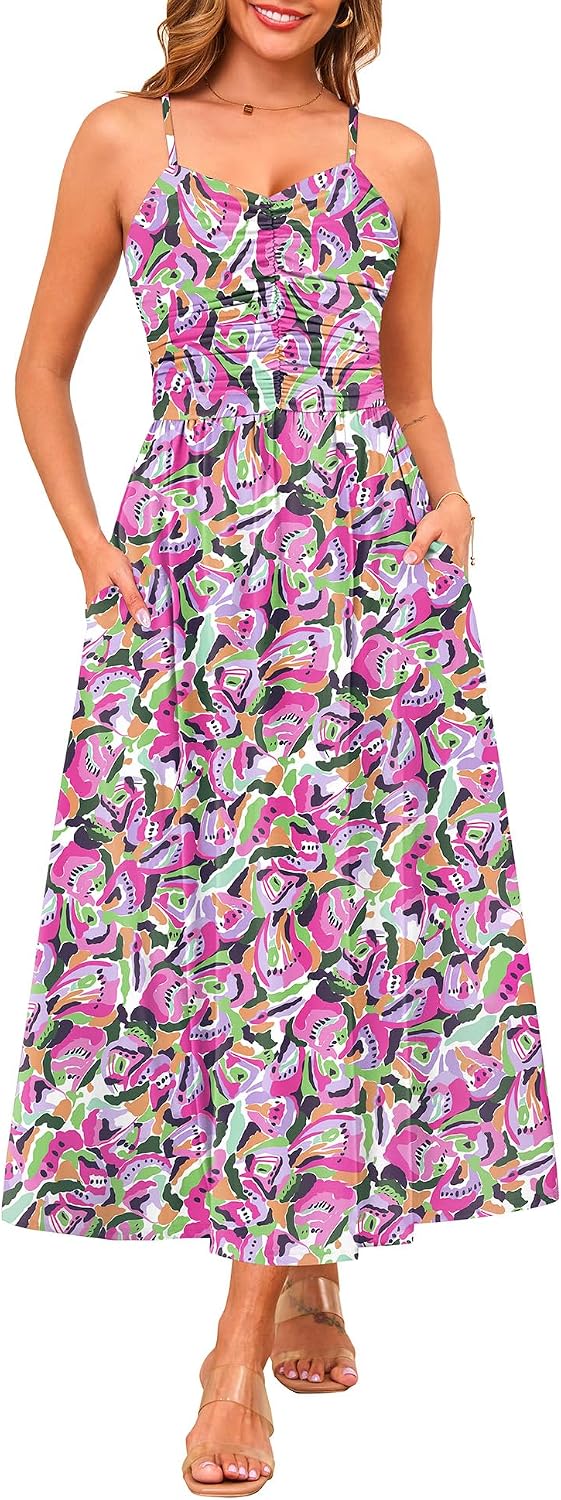 Annebouti Women's Summer Adjustable Spaghetti Strap Ruched Maxi Sun Dress | Dress with Pockets, Lined Bodice, Boho Floral Print, Perfect Summer Dress for Wedding Guest, Beach, Vacation, Resort Wear