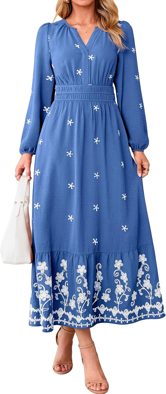 Simplee Floral Maxi Fall Womens Dress Long Sleeve Elegant Church Dresses | Wedding Guest Flowy, Romantic A-line Embroidery, Smocked Waist Garden Party, Casual Holiday Dinner Photo Shoot
