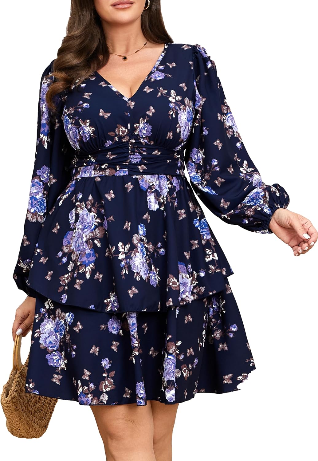 RWJ Plus Size Dresses for Curvy Women V Neck Long Sleeve Layered Mini Dress | Empire Waist, Spring, Fall, Wedding Guest, Cocktail Party, Casual, Vacation, Beach, Holiday, Dating, Semi Formal, Baby Shower