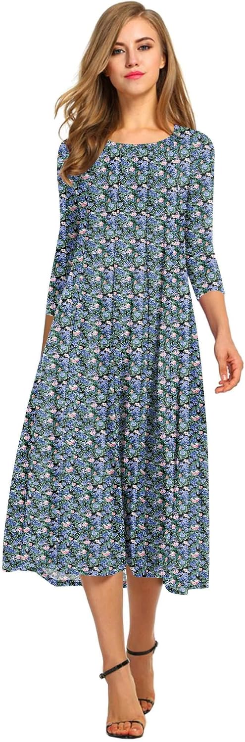 HOTOUCH Women's 3\/4 Sleeve A-line and Flare Midi Long Dress