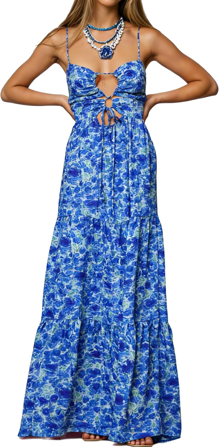 Womens Summer Floral Spaghetti Strap Backless Low Cut Smocked Milkmaid Flowy Beach Sundresses