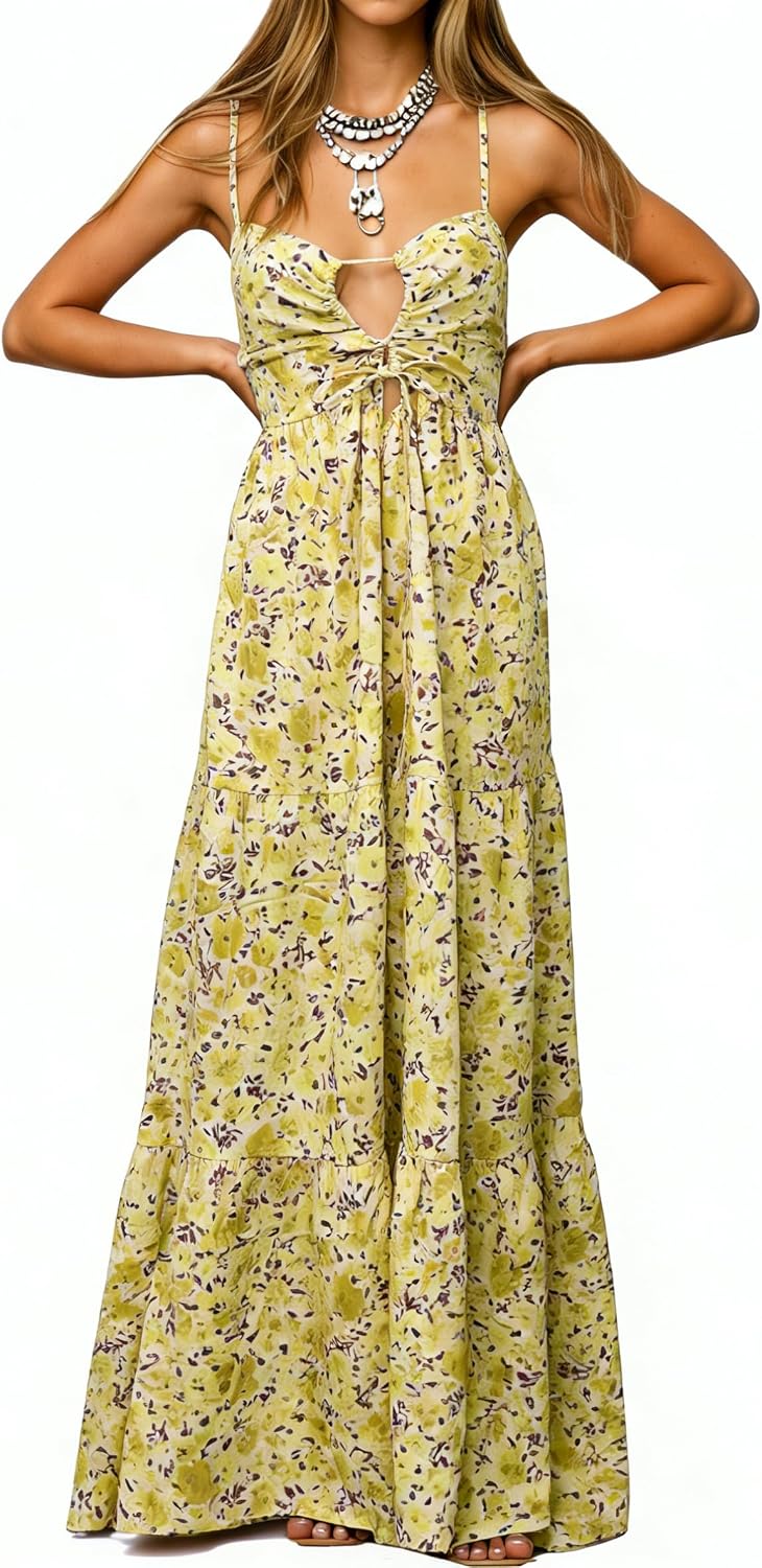 Womens Summer Floral Spaghetti Strap Backless Low Cut Smocked Milkmaid Flowy Beach Sundresses