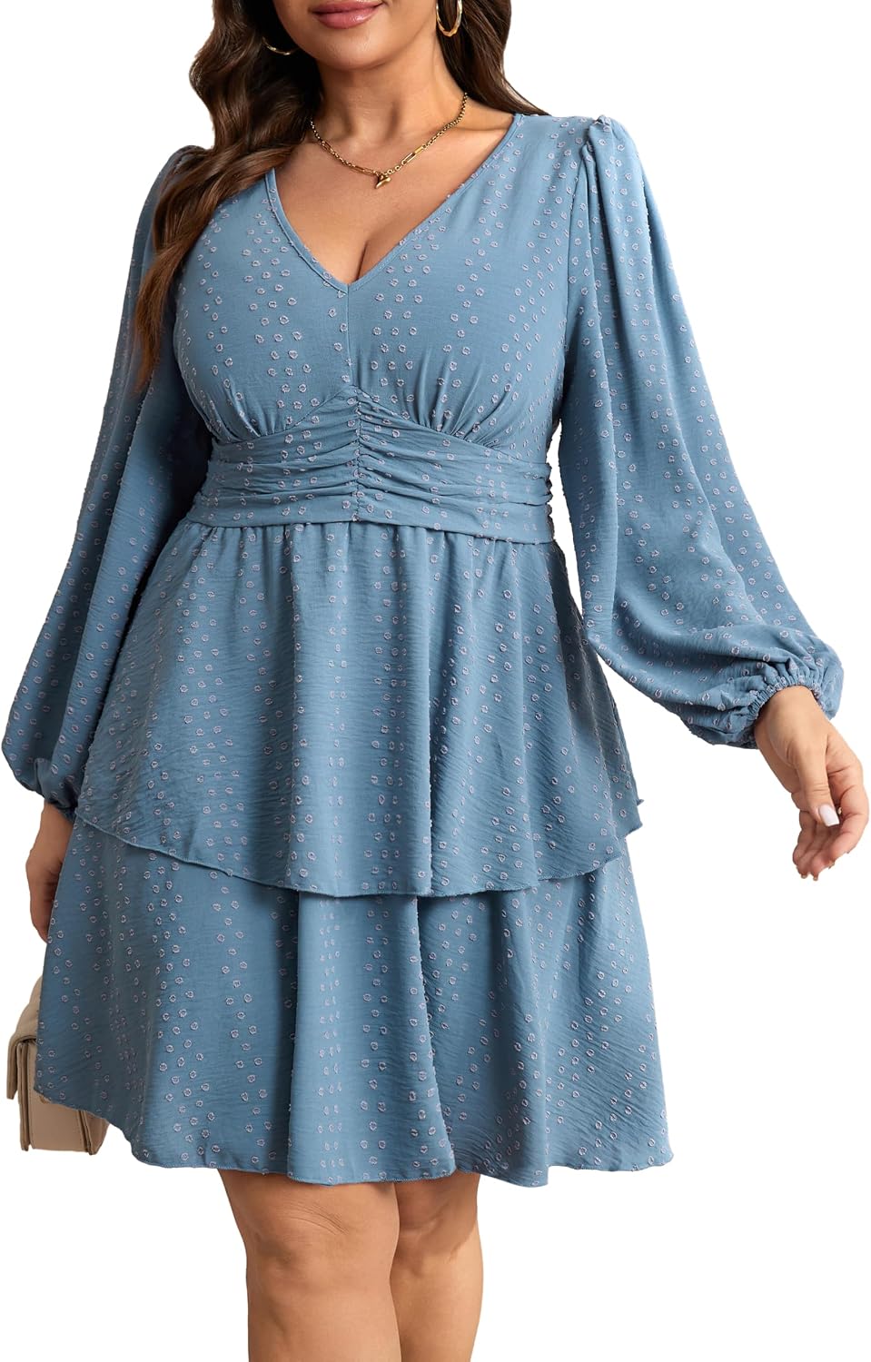 RWJ Plus Size Dresses for Curvy Women V Neck Long Sleeve Layered Mini Dress | Empire Waist, Spring, Fall, Wedding Guest, Cocktail Party, Casual, Vacation, Beach, Holiday, Dating, Semi Formal, Baby Shower