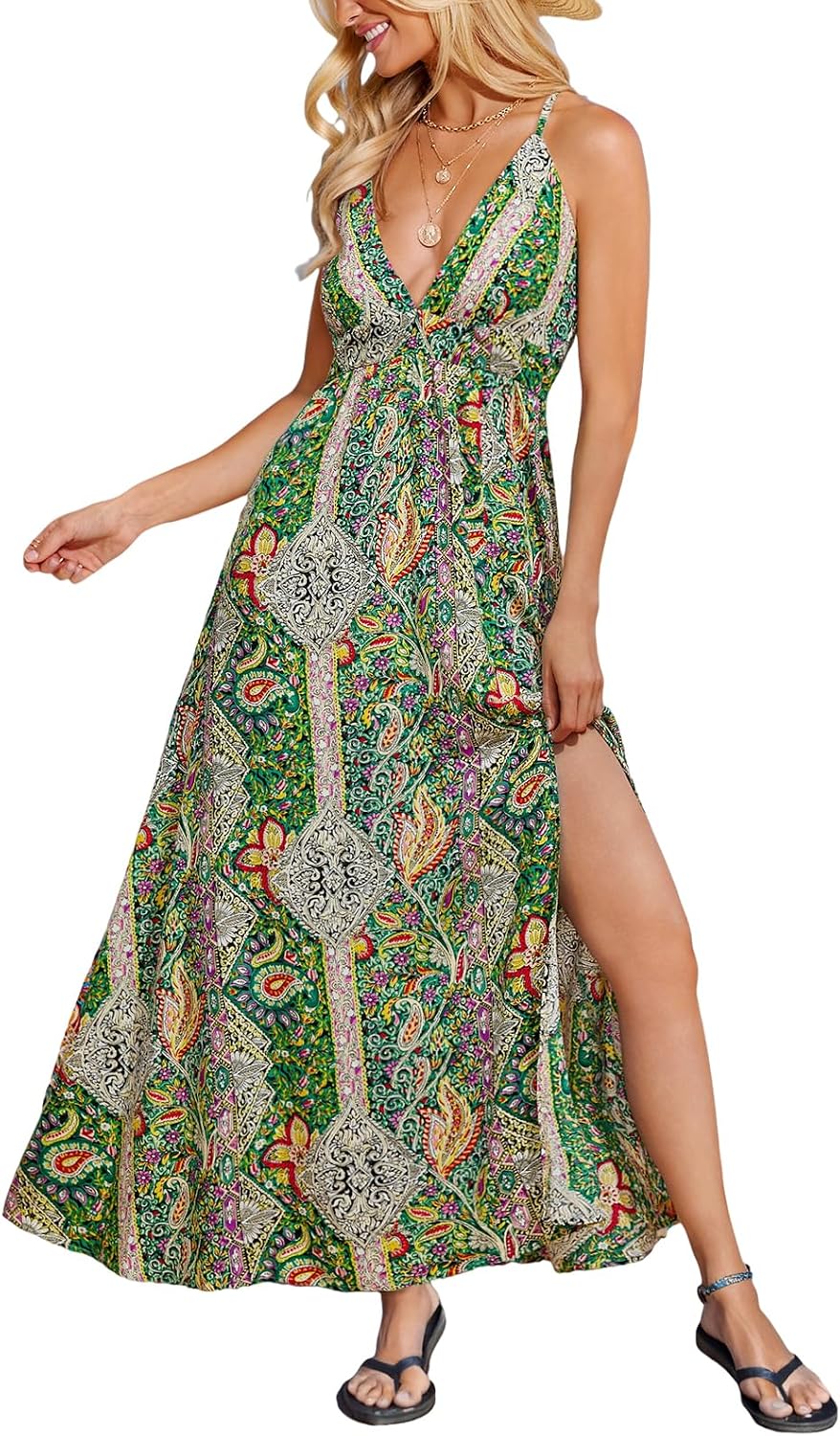 CUPSHE Women's Boho Paisley Tropical Deep V-Neck High Slit Maxi Dress | Adjustable Criss-Cross Straps, Open Back, Empire Waist Flowy A-Line Long Sundress, For Summer Beach Vacation, Resort Wear