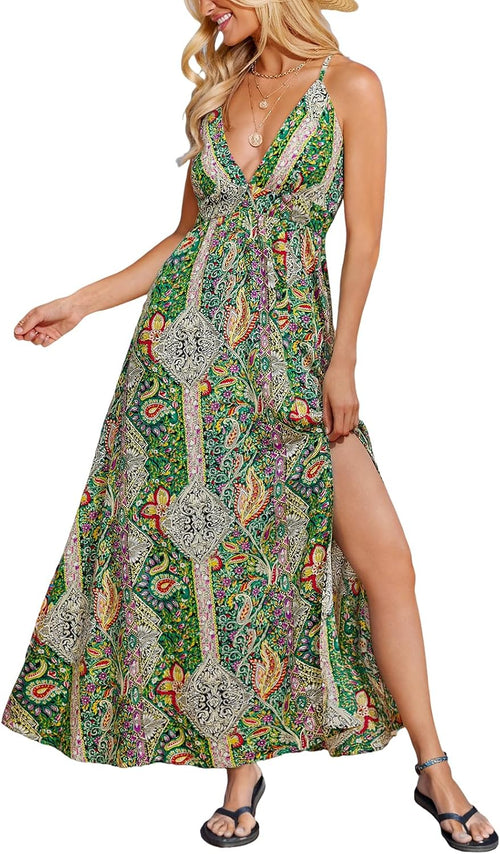 CUPSHE Women's Boho Paisley Tropical Deep V-Neck High Slit Maxi Dress | Adjustable Criss-Cross Straps, Open Back, Empire Waist Flowy A-Line Long Sundress, For Summer Beach Vacation, Resort Wear