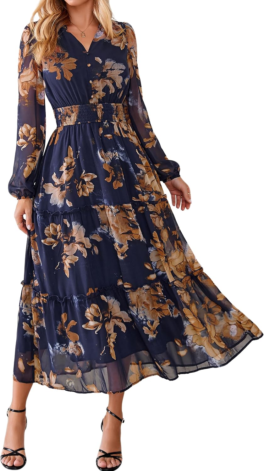 Simplee Womens Floral Boho Maxi Dress Long Sleeve Flowy Wedding Guest Dress | Chiffon, V Neck, Empire Waist, Fall Dress, Semi-Formanl, A Line, Baby Shower, Ruffle Tiered, Elegant, Long