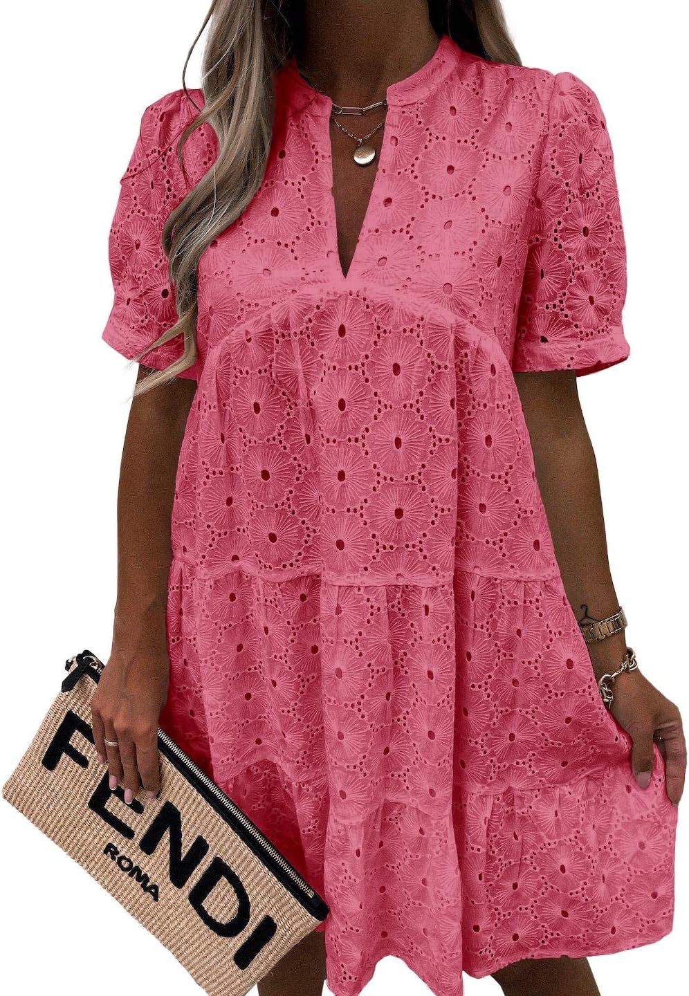 Imily Bela Womens Summer Lace Dresses Eyelet Casual Flowy Babydoll Dress | Swing, Short Sleeve, V Neck, Tunic Dress,Mini,Beach,Vacation,Party,Outdoor,Boho,Loose,Ruffle Hem,Short Puff Sleeve