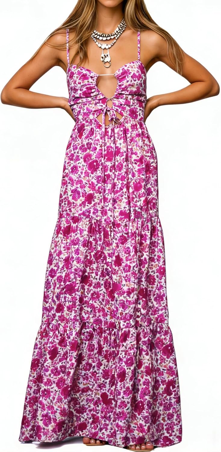 Womens Summer Floral Spaghetti Strap Backless Low Cut Smocked Milkmaid Flowy Beach Sundresses