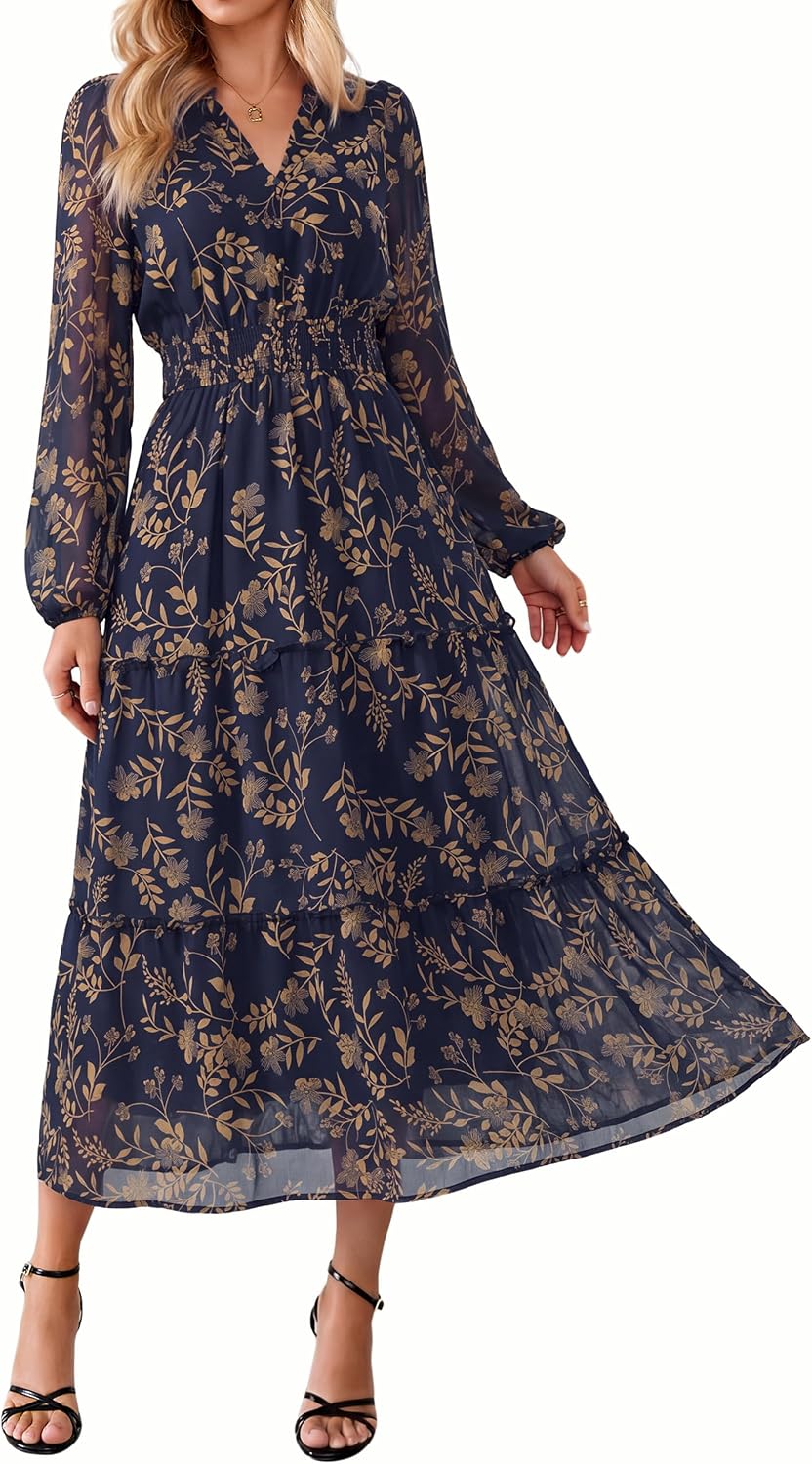 Simplee Womens Floral Boho Maxi Dress Long Sleeve Flowy Wedding Guest Dress | Chiffon, V Neck, Empire Waist, Fall Dress, Semi-Formanl, A Line, Baby Shower, Ruffle Tiered, Elegant, Long
