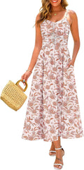 Annebouti Women's Summer Adjustable Spaghetti Strap Ruched Maxi Sun Dress | Dress with Pockets, Lined Bodice, Boho Floral Print, Perfect Summer Dress for Wedding Guest, Beach, Vacation, Resort Wear