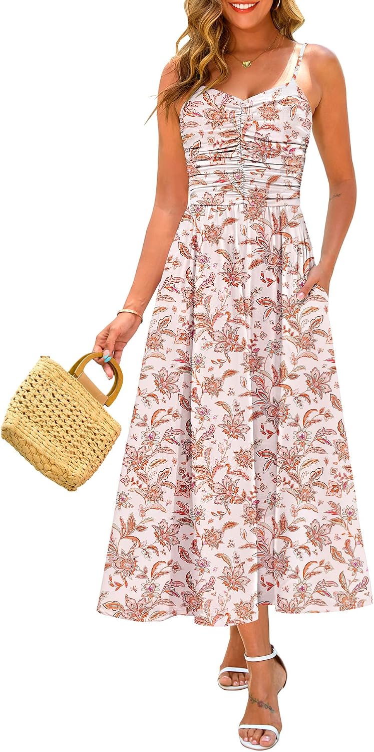 Annebouti Women's Summer Adjustable Spaghetti Strap Ruched Maxi Sun Dress | Dress with Pockets, Lined Bodice, Boho Floral Print, Perfect Summer Dress for Wedding Guest, Beach, Vacation, Resort Wear