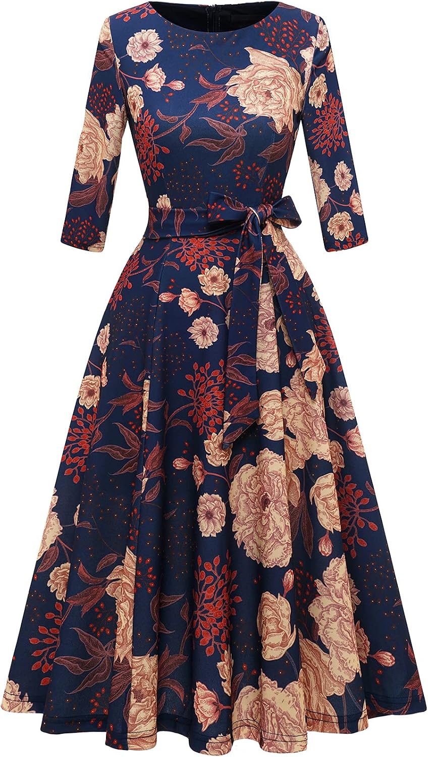 DRESSTELLS Cocktail Dresses for Women, Vintage Wedding Guest Church Dress | 3\/4 Sleeves, A-line, Mid Calf, Detachable Belt, Ideal for Formal Tea Party