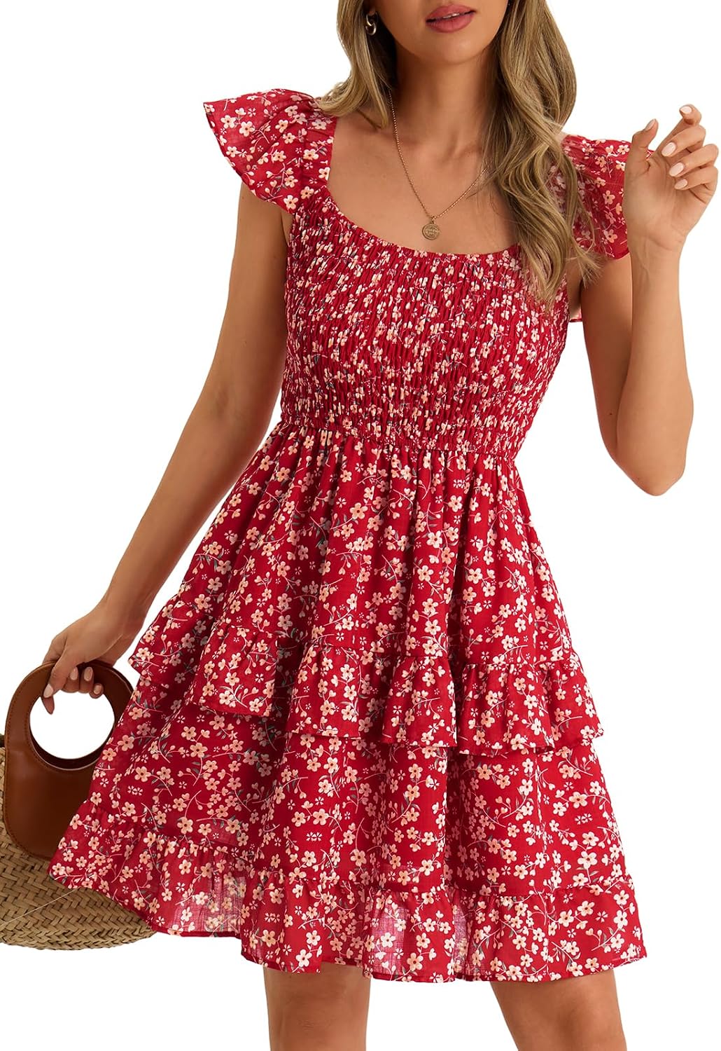 Womens Summer Sleeveless Backless Smocked Ruffle Babydoll Mini Sundress | Square Neck,Casual,Floral,Boho,Beach,Cute,Teen,Graduation,Homecoming,Layered,Flowy,Swing,Short Sundress