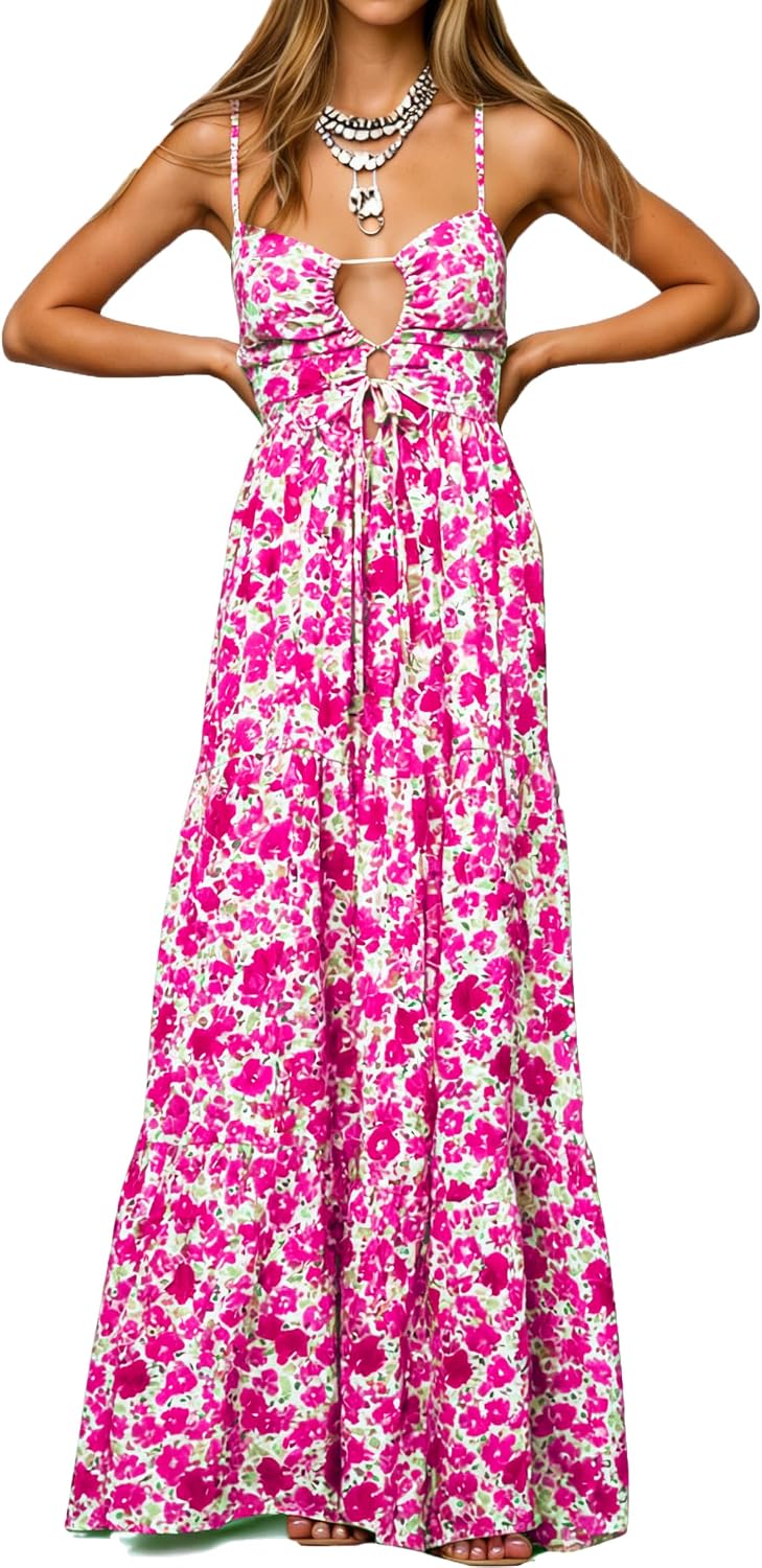 Womens Summer Floral Spaghetti Strap Backless Low Cut Smocked Milkmaid Flowy Beach Sundresses