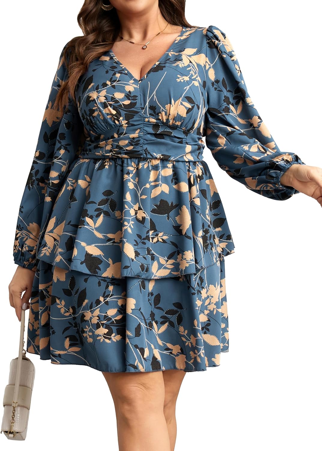 RWJ Plus Size Dresses for Curvy Women V Neck Long Sleeve Layered Mini Dress | Empire Waist, Spring, Fall, Wedding Guest, Cocktail Party, Casual, Vacation, Beach, Holiday, Dating, Semi Formal, Baby Shower