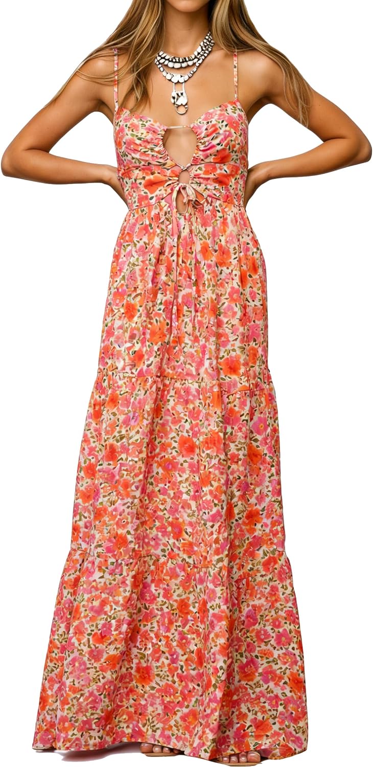 Womens Summer Floral Spaghetti Strap Backless Low Cut Smocked Milkmaid Flowy Beach Sundresses
