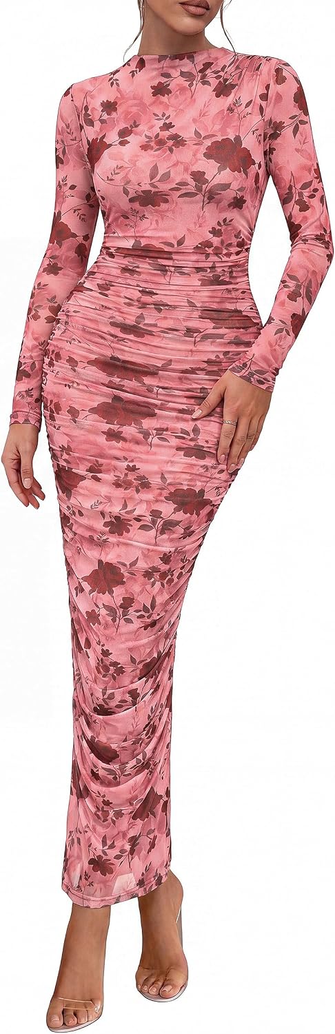 PRETTYGARDEN Long Sleeve Maxi Dresses for Women Wedding Guest Fall Outfits | Ruched Bodycon Dress Long, Floral Mesh, Date Night, Formal Cocktail Party, Homecoming Holiday Dresses